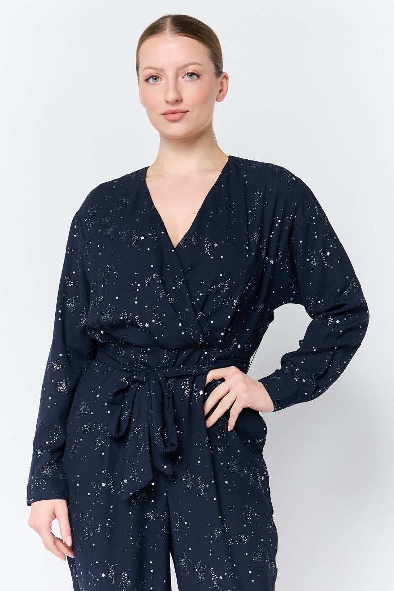 Great Plains Women Metallic Long Sleeve Belted Jumpsuit, Navy - Image 3