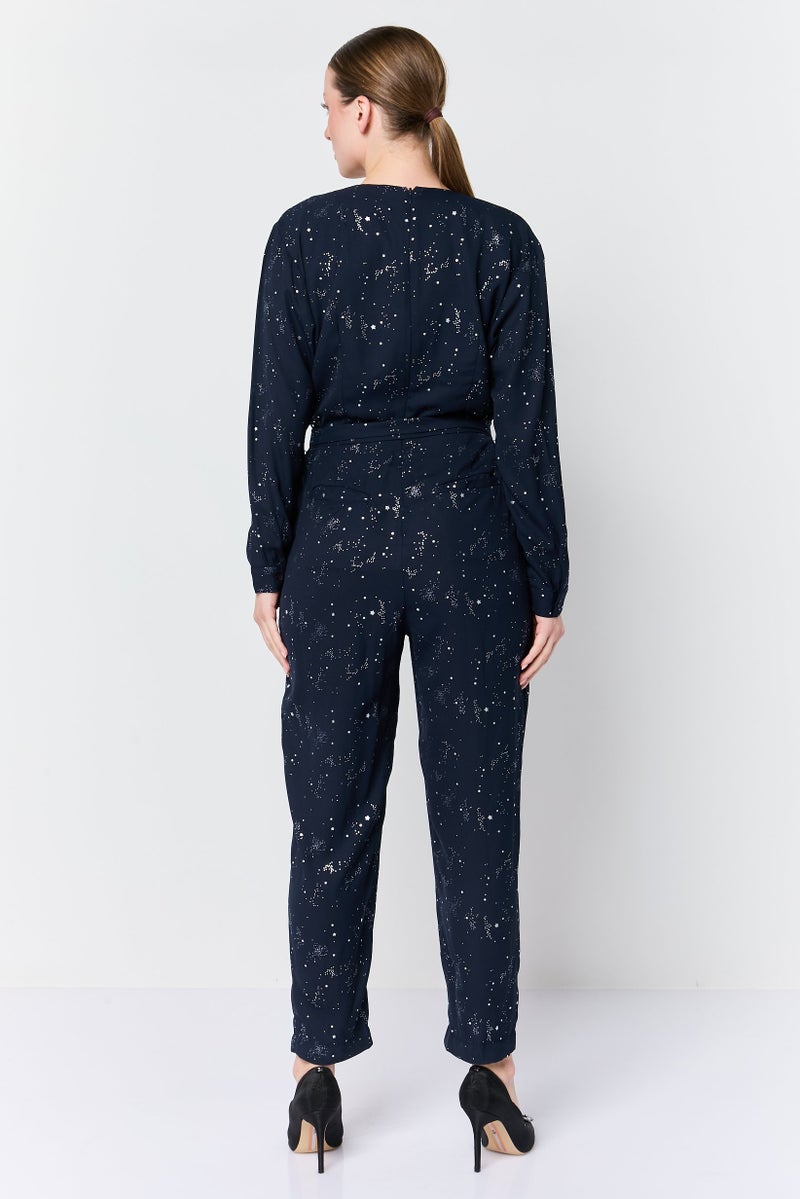 Great Plains Women Metallic Long Sleeve Belted Jumpsuit, Navy - Image 2