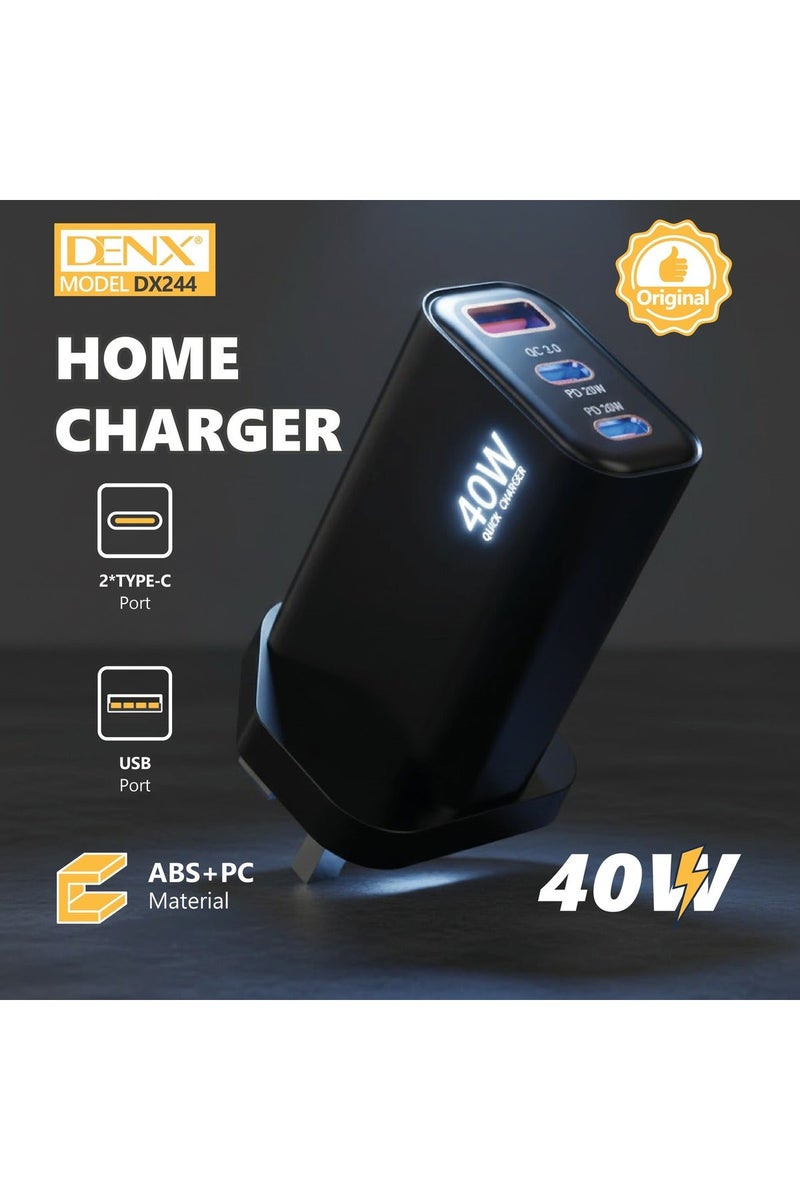 Denx DX244 40W Fast Wall Charger UK 3-Pin, Dual USB-C PD + USB-A QC 3.0 Home Charger, Power Delivery Fast Charging Adapter with Smart Chip & Over-Charging Protection, Compatible with Smartphones, Tablets & More, 1 Year Warranty - Image 3