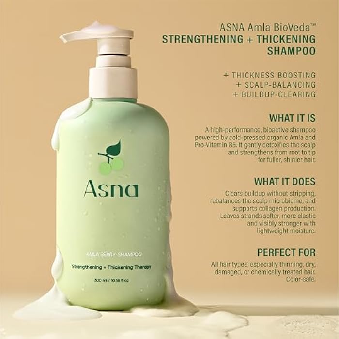 ASNA Amla BioVeda Strengthening + Thickening Shampoo for Scalp Health, Hair Volume & Density with Potent Vitamins & Antioxidants - All Hair Types, Color Safe, Clean Ayurvedic Haircare - Image 2