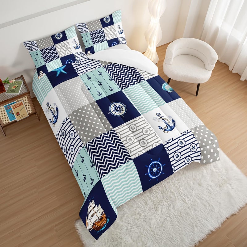 HOSIMA Nautical Comforter Set Twin,Plaid Patchwork Ocean Themed Bedding Sailboat and Anchor Print Kids Bedding Set for Boys Adult Kids Girls,Navy Blue Comforter Twin Size with 2 Pillow Shams. - Image 3