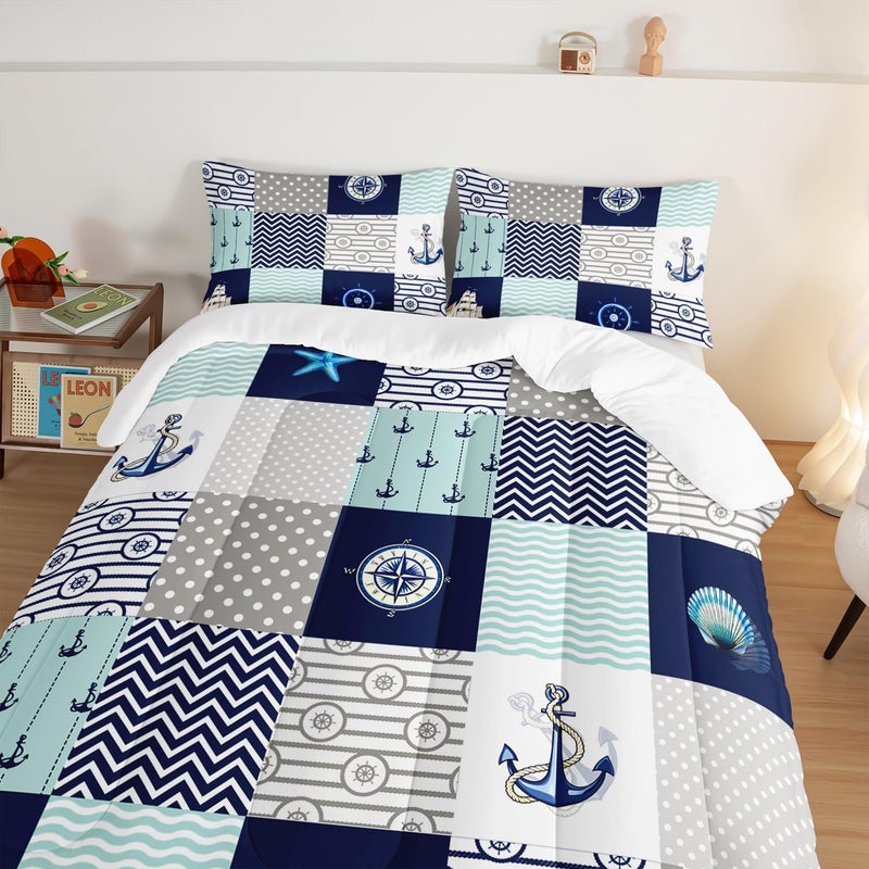HOSIMA Nautical Comforter Set Twin,Plaid Patchwork Ocean Themed Bedding Sailboat and Anchor Print Kids Bedding Set for Boys Adult Kids Girls,Navy Blue Comforter Twin Size with 2 Pillow Shams. - Image 4