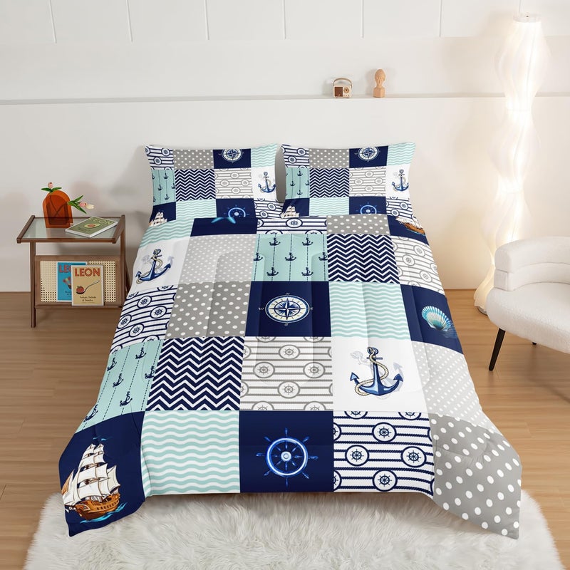 HOSIMA Nautical Comforter Set Twin,Plaid Patchwork Ocean Themed Bedding Sailboat and Anchor Print Kids Bedding Set for Boys Adult Kids Girls,Navy Blue Comforter Twin Size with 2 Pillow Shams. - Image 2