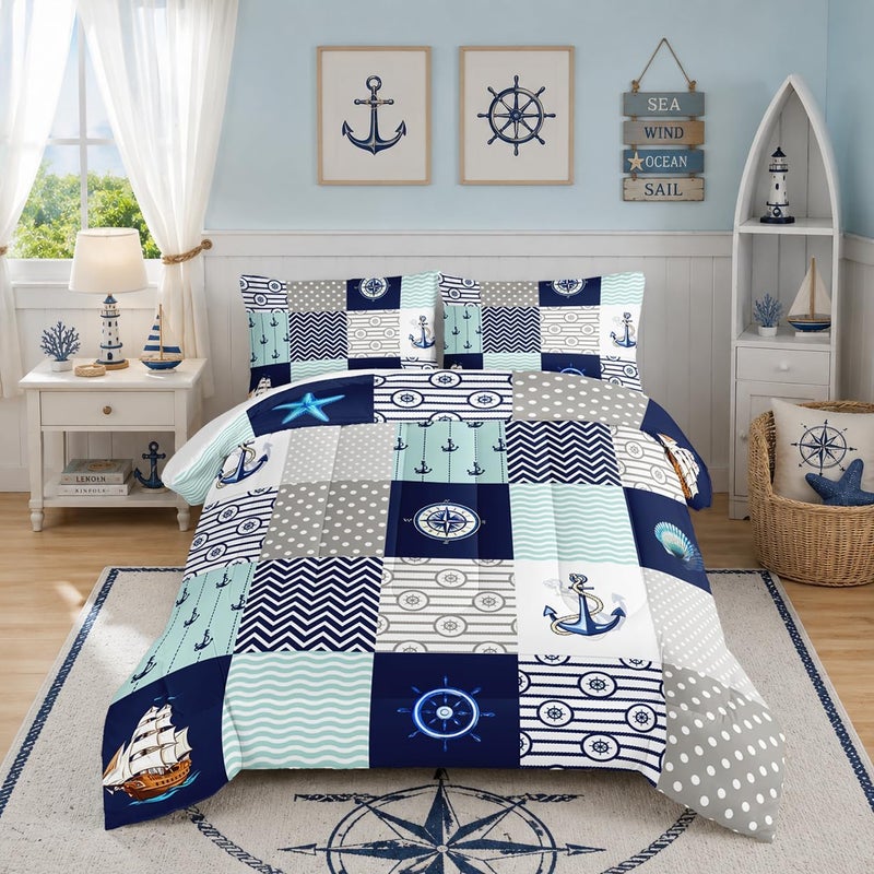 HOSIMA Nautical Comforter Set Twin,Plaid Patchwork Ocean Themed Bedding Sailboat and Anchor Print Kids Bedding Set for Boys Adult Kids Girls,Navy Blue Comforter Twin Size with 2 Pillow Shams. - Image 1