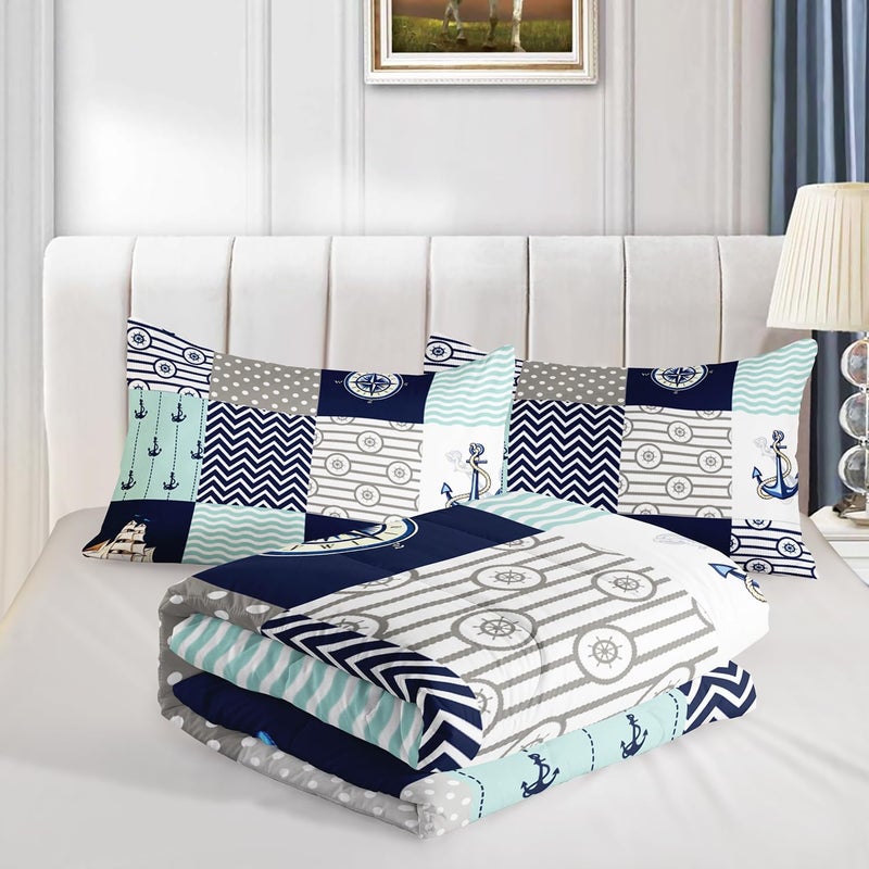 HOSIMA Nautical Comforter Set Twin,Plaid Patchwork Ocean Themed Bedding Sailboat and Anchor Print Kids Bedding Set for Boys Adult Kids Girls,Navy Blue Comforter Twin Size with 2 Pillow Shams. - Image 5