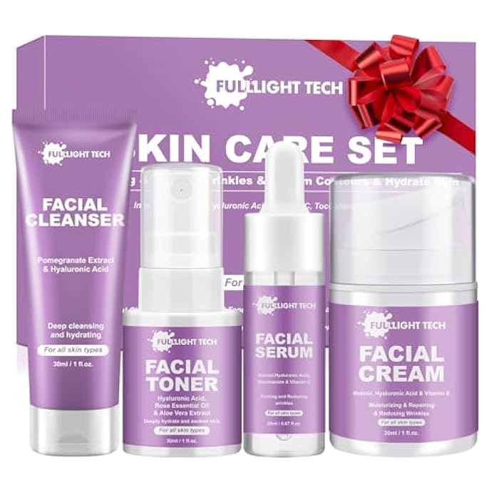 FULLLIGHT TECH Skin Care Set,Anti-aging Beauty Gift Sets for Women Teens Girls,4 Pcs Gentle Facial Skin Care Kit with Cleanser, Toner,Serum, Face Cream Travel Skincare Kit,TSA-friendly Face Care Stocking Stuffers - Image 1