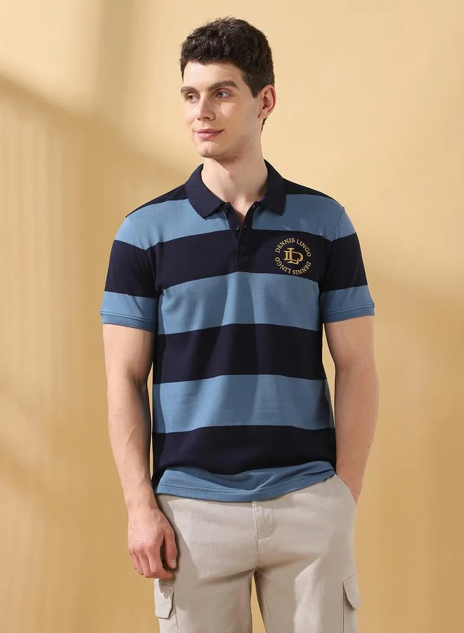 Dennis Lingo Men's Navy Blazer Cotton Blend Striped Regular Fit T-Shirt