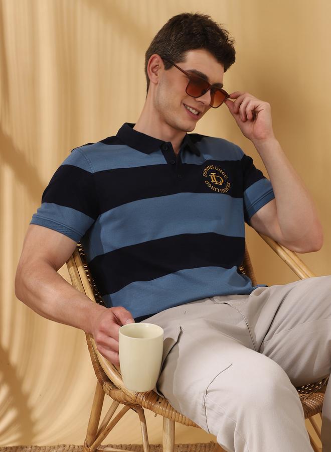 Dennis Lingo Men's Navy Blazer Cotton Blend Striped Regular Fit T-Shirt  - Image 1