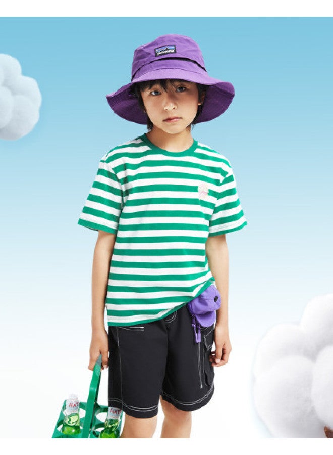 Annil Boys & Girls Round Neck Short Sleeve T-shirt 2025 Summer New Color Block Striped Stretchy Breathable Sweet Fresh Top - Image 1