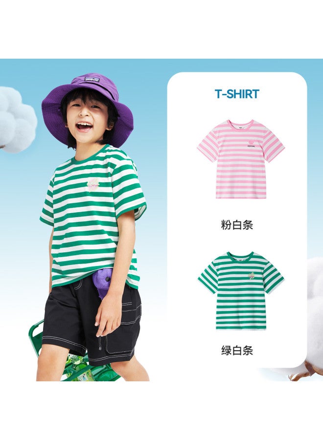 Annil Boys & Girls Round Neck Short Sleeve T-shirt 2025 Summer New Color Block Striped Stretchy Breathable Sweet Fresh Top - Image 3