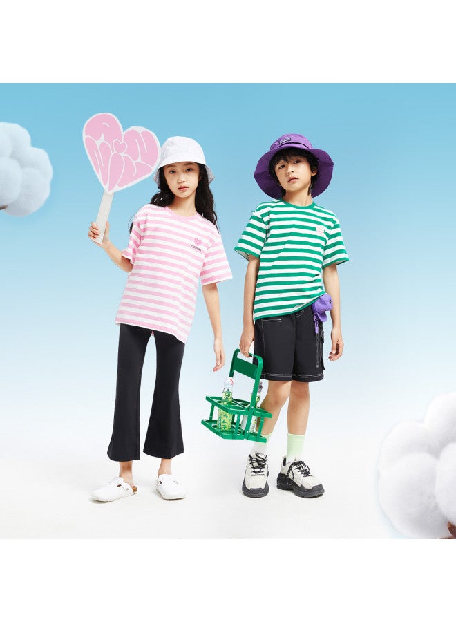 Annil Boys & Girls Round Neck Short Sleeve T-shirt 2025 Summer New Color Block Striped Stretchy Breathable Sweet Fresh Top - Image 4