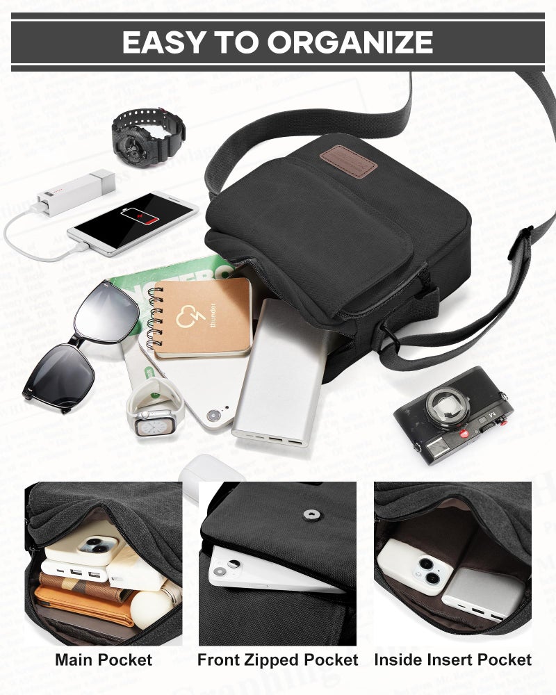 WISEPACK Small Crossbody Bag for Men,Vintage Canvas Messenger Shoulder Bags Crossbody Satchel Bag Men's Side Bags Women Over the Shoulder Purse for Phone Passport Bolsos Para Hombre Black - Image 5