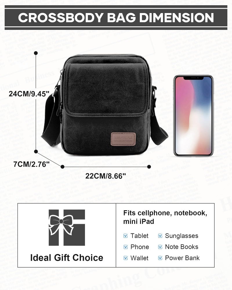 WISEPACK Small Crossbody Bag for Men,Vintage Canvas Messenger Shoulder Bags Crossbody Satchel Bag Men's Side Bags Women Over the Shoulder Purse for Phone Passport Bolsos Para Hombre Black - Image 3