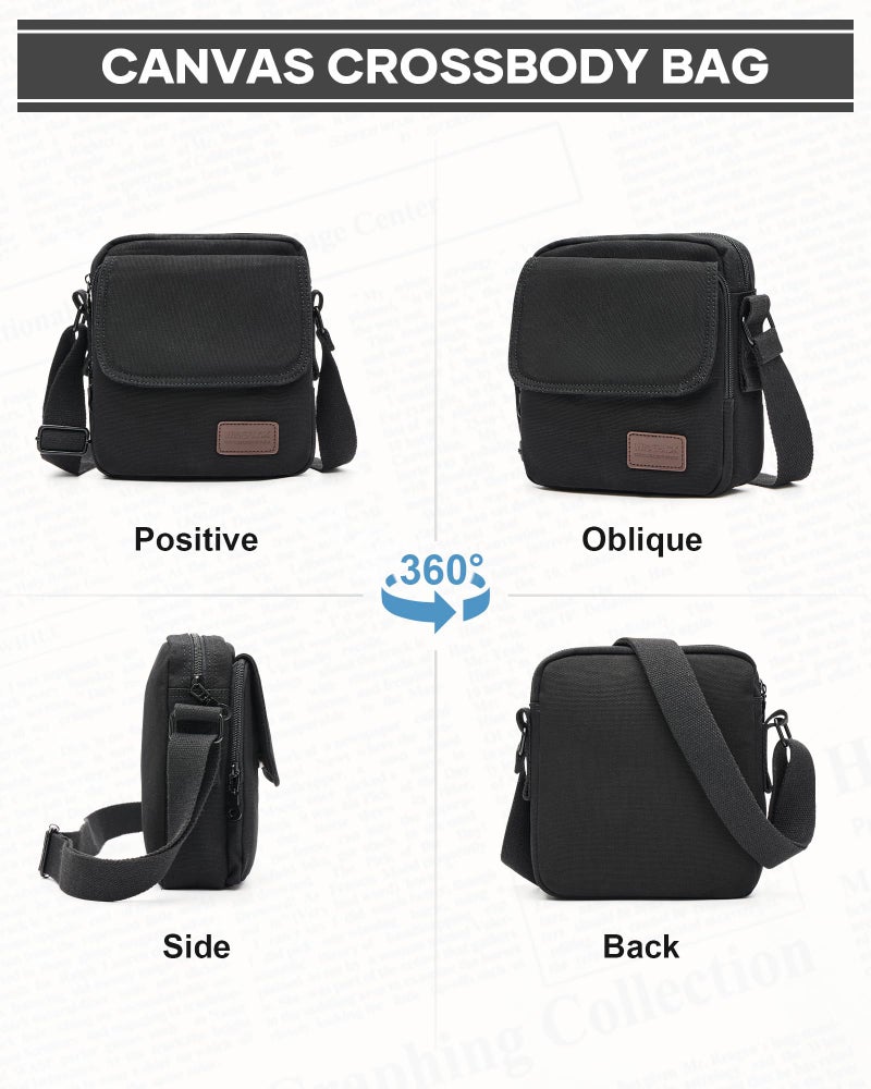 WISEPACK Small Crossbody Bag for Men,Vintage Canvas Messenger Shoulder Bags Crossbody Satchel Bag Men's Side Bags Women Over the Shoulder Purse for Phone Passport Bolsos Para Hombre Black - Image 4