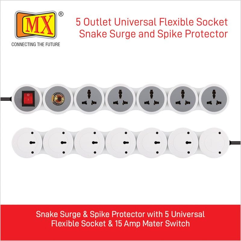 MX Surge Protector & Spike Guard with 4 Universal Socket Master Switch Power Indicator Built-in Fuse with Circuit Breaker (5 Socket/Surge Protector/Circuit Breaker/20Amp, 10 MTR) - Image 2