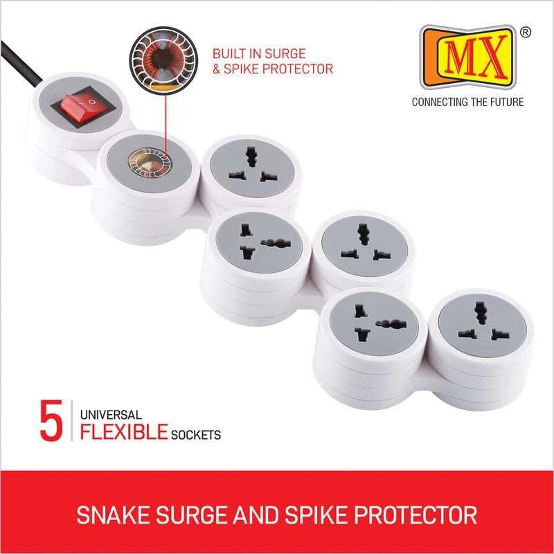 MX Surge Protector & Spike Guard with 4 Universal Socket Master Switch Power Indicator Built-in Fuse with Circuit Breaker (5 Socket/Surge Protector/Circuit Breaker/20Amp, 10 MTR) - Image 4