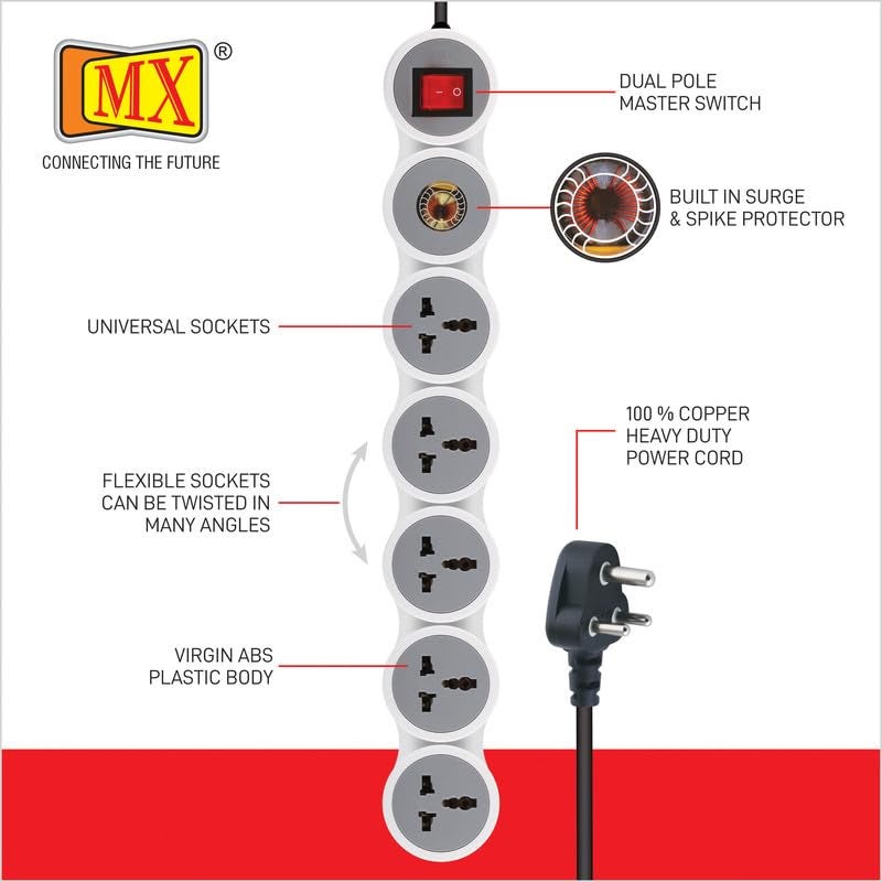 MX Surge Protector & Spike Guard with 4 Universal Socket Master Switch Power Indicator Built-in Fuse with Circuit Breaker (5 Socket/Surge Protector/Circuit Breaker/20Amp, 10 MTR) - Image 3