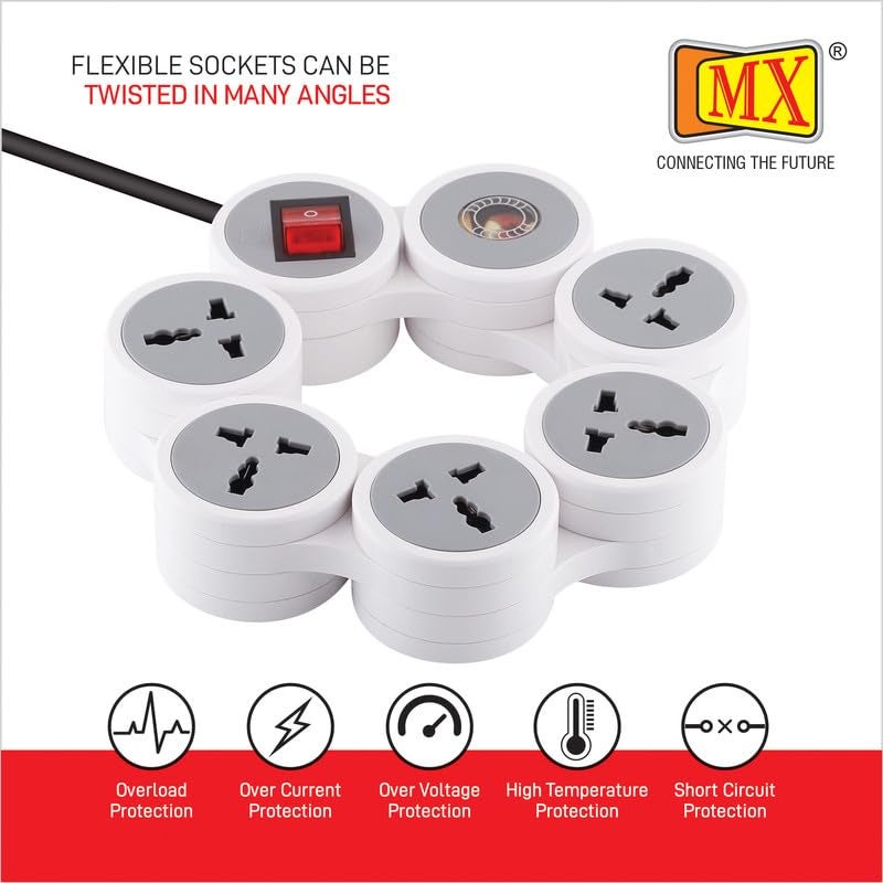 MX Surge Protector & Spike Guard with 4 Universal Socket Master Switch Power Indicator Built-in Fuse with Circuit Breaker (5 Socket/Surge Protector/Circuit Breaker/20Amp, 10 MTR) - Image 5
