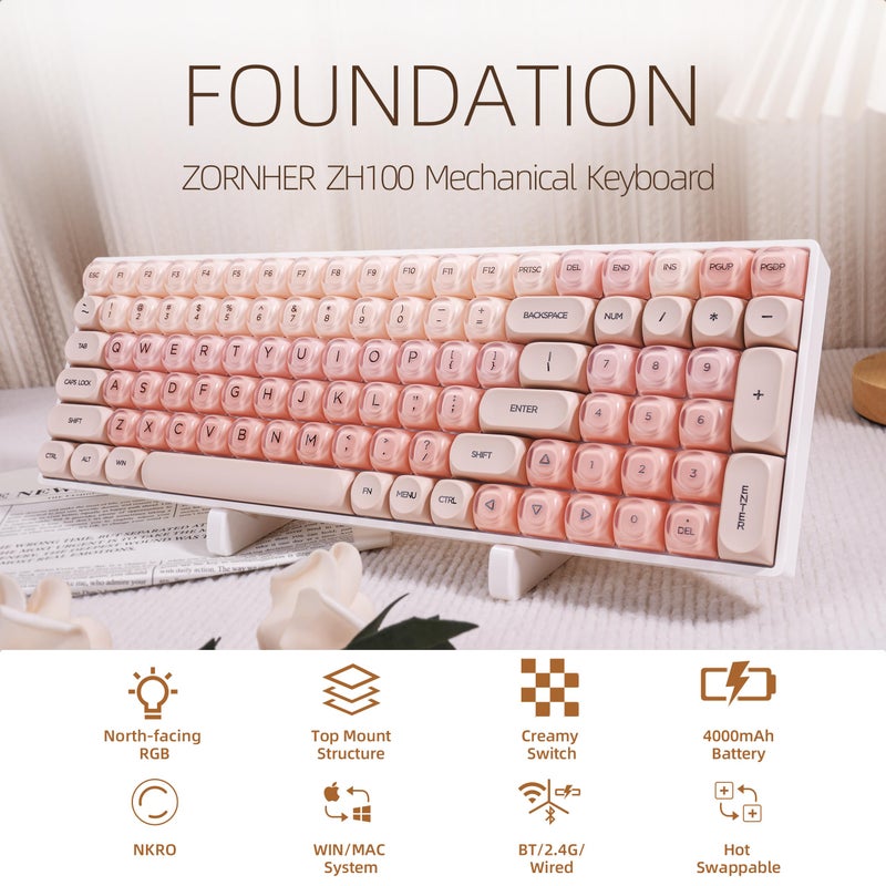 ZORNHER لوحة مفاتيح ميكانيكية زورنهر ZH100، لوحة مفاتيح وردية كريمية بنسبة 98% مع لوحة أرقام، لوحة مفاتيح ألعاب كاملة الحجم لطيفة، مفاتيح دائرية بملف MOA جلي، مفاتيح خطية ذات صوت كريمي، ألعاب الكمبيوتر - Image 2