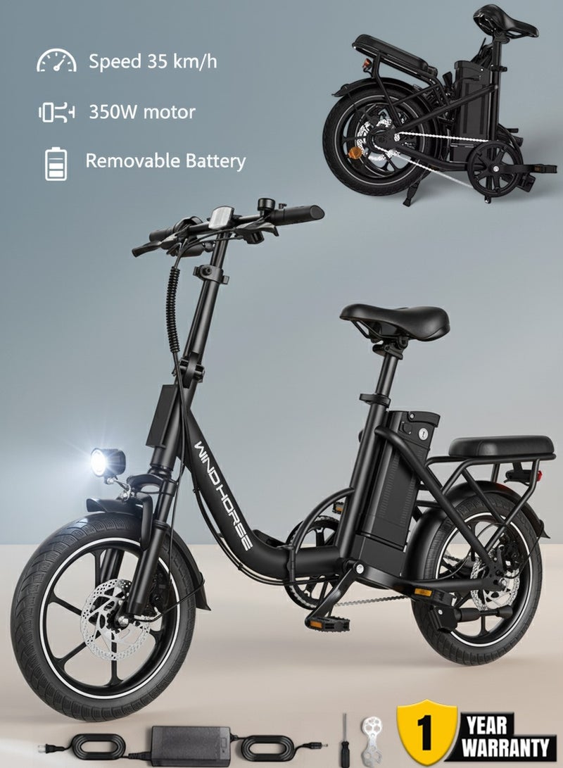 Wind Horse W2B Folding Electric Bike with 350W High Speed Motor, 36V 8AH Battery, 40 KM/H Speed, 35 KM Range, Dual Disk Brakes, Carbon Alloy Frame and 16 Inches Tires, Front Suspension Fort, Portable Electric Bike with Dual Seat - Image 1