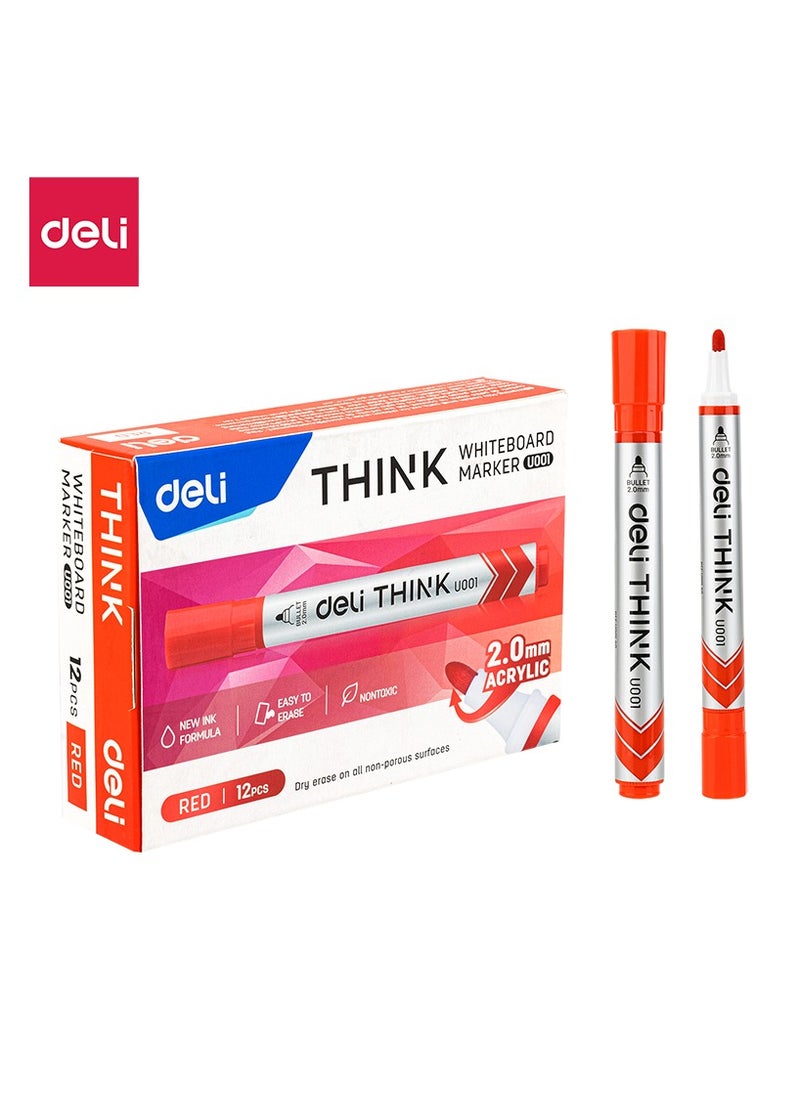Deli Deli EU00140 Whiteboard Marker Red 12pcs/box– ideal for classrooms, meetings, and whiteboard writing  - Image 1