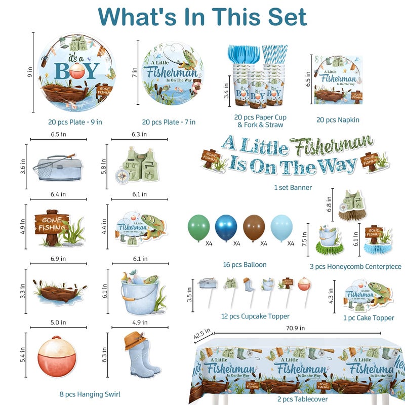 Yingoto 171 PCS Fishing Baby Shower Decorations, A Little Fisherman Is On The Way Party Supplies with Banner, Cake Topper, Plates and Napkins, for 20 Guests, Baby Shower for Boy Decorations - Image 3