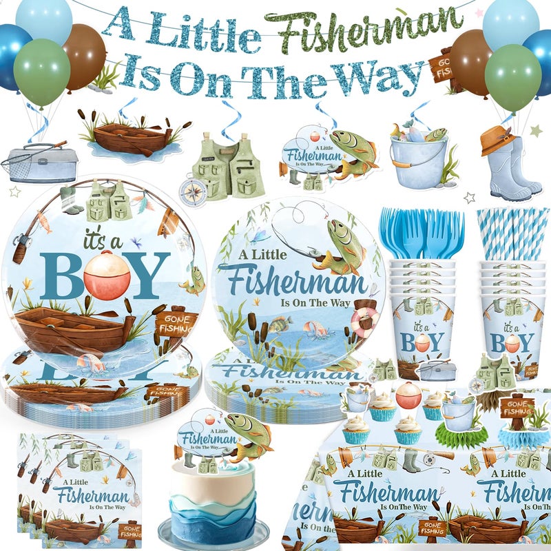 Yingoto 171 PCS Fishing Baby Shower Decorations, A Little Fisherman Is On The Way Party Supplies with Banner, Cake Topper, Plates and Napkins, for 20 Guests, Baby Shower for Boy Decorations - Image 1