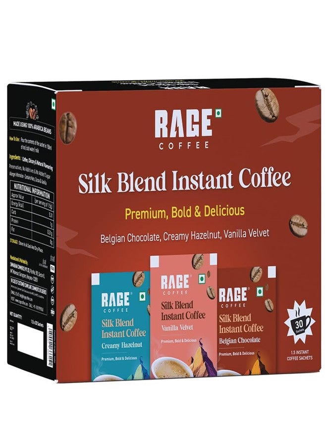 Rage Coffee Silk Blend Assorted Coffee Sachets | Pack of 30 | Rich & Bold Instant Coffee Flavour Coffee | Vanilla Velvet, Belgian Chocolate, Creamy Hazelnut | Premium Bold & Smooth (10 Sachets Each Flavour) (Silk Blend Assorted) - Image 1