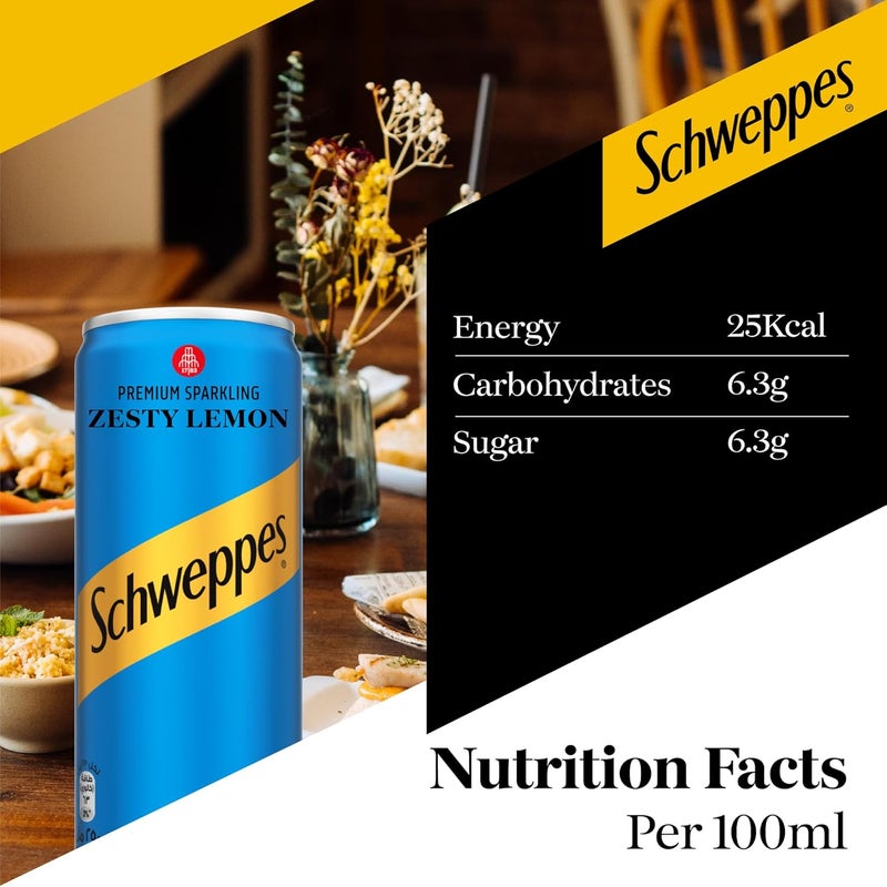 Schweppes Zesty Lemon Premium Sparkling Carbonated Drink, 253ml Can, Pack of 6 - Image 5