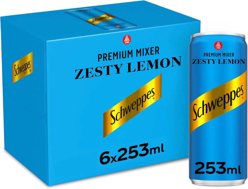 Schweppes Zesty Lemon Premium Sparkling Carbonated Drink, 253ml Can, Pack of 6 - Image 1
