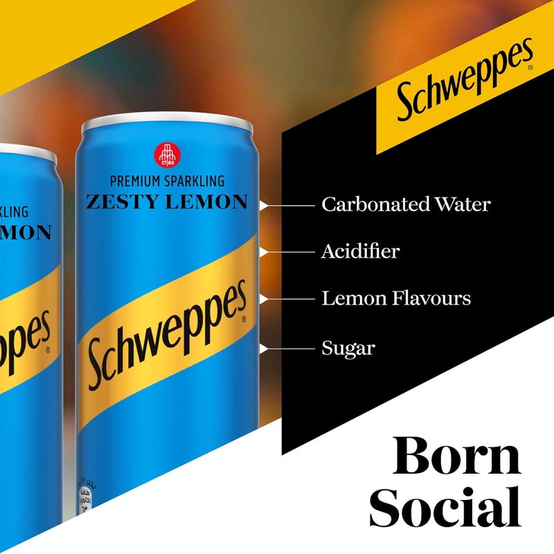 Schweppes Zesty Lemon Premium Sparkling Carbonated Drink, 253ml Can, Pack of 6 - Image 3