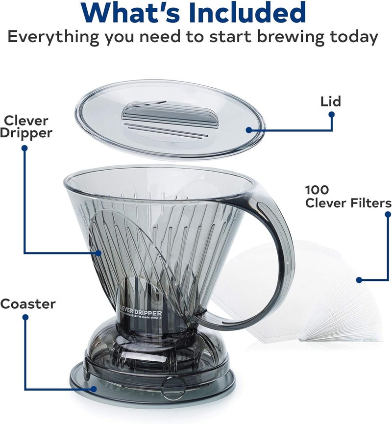 clever مصفاة قهوة ومرشحات، كبيرة 18 أونصة (سحاب)| اختيار الباريستا| بلاستيك آمن خالي من BPA| يتضمن 100 مرشح - Image 3
