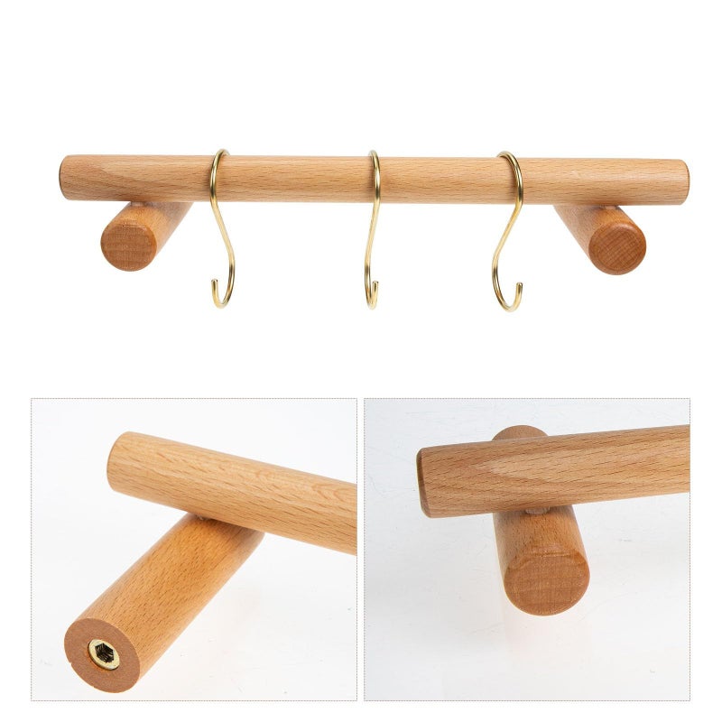 Wall Mounted Single Pole Towel Rack 30Cm Beech Wood With 3 Brass Hooks For Bathroom Kitchen - Image 5