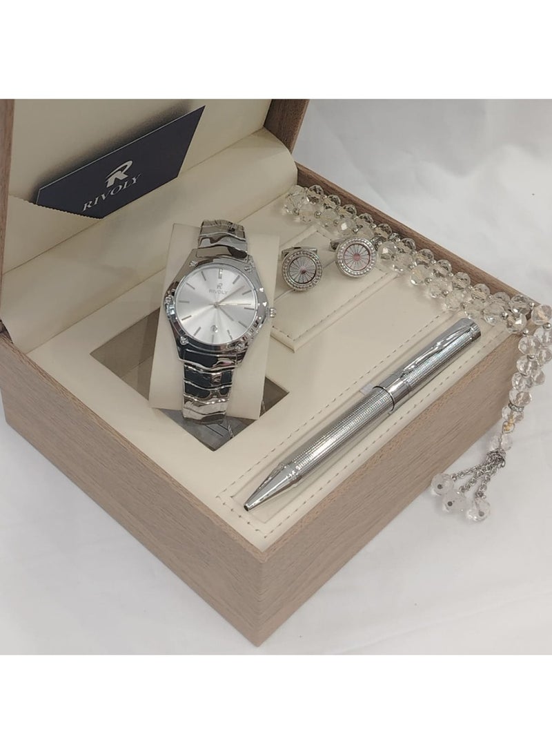 Men's stainless steel set consisting of a watch, rosary, pen, and cufflinks
