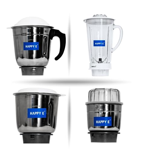 HAPPY E Mixer Grinder Jars Set of 4 (400ml, 1000ml, 1500ml Steel + 1500ml Plastic) | Replacement Jars with Blades & Lids | Dry & Wet Grinding - Image 4