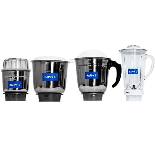 HAPPY E Mixer Grinder Jars Set of 4 (400ml, 1000ml, 1500ml Steel + 1500ml Plastic) | Replacement Jars with Blades & Lids | Dry & Wet Grinding - Image 1