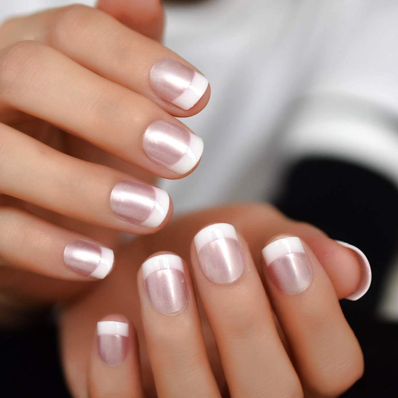 EchiQ Press On Nails Pearl Shine Pink French Nail White Round Fake Nails Short Glossy Satin Artificial Lady Fingernails with Adhesive Tabs - Image 1