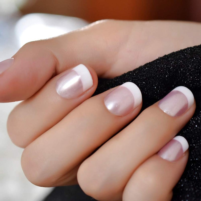EchiQ Press On Nails Pearl Shine Pink French Nail White Round Fake Nails Short Glossy Satin Artificial Lady Fingernails with Adhesive Tabs - Image 4