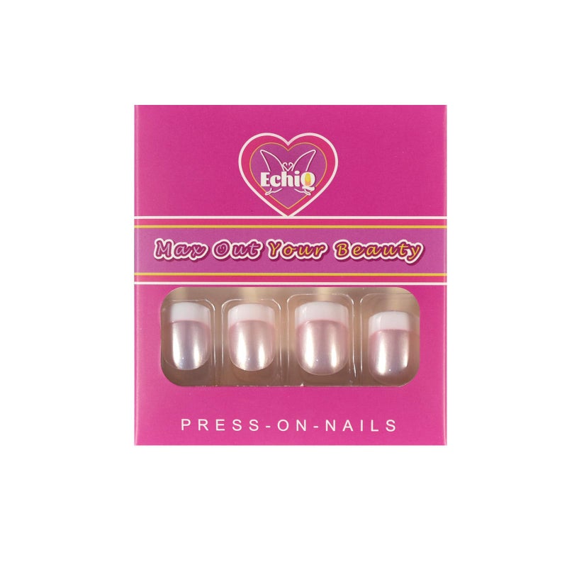 EchiQ Press On Nails Pearl Shine Pink French Nail White Round Fake Nails Short Glossy Satin Artificial Lady Fingernails with Adhesive Tabs - Image 2