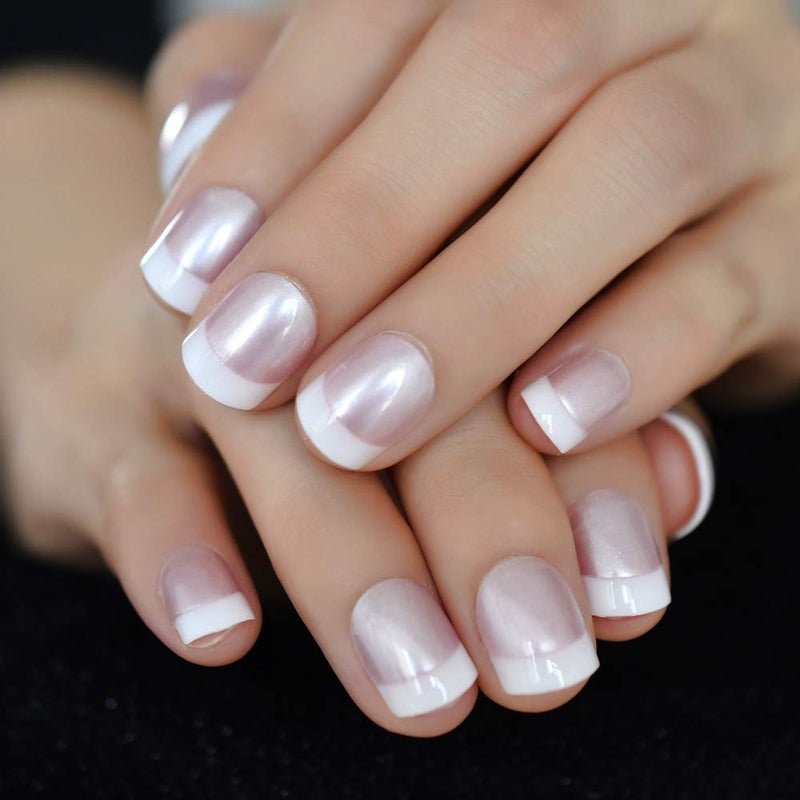 EchiQ Press On Nails Pearl Shine Pink French Nail White Round Fake Nails Short Glossy Satin Artificial Lady Fingernails with Adhesive Tabs - Image 5