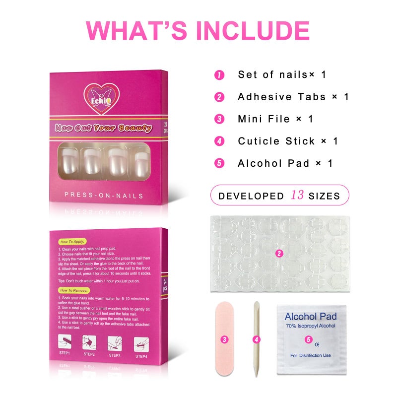 EchiQ Press On Nails Pearl Shine Pink French Nail White Round Fake Nails Short Glossy Satin Artificial Lady Fingernails with Adhesive Tabs - Image 3