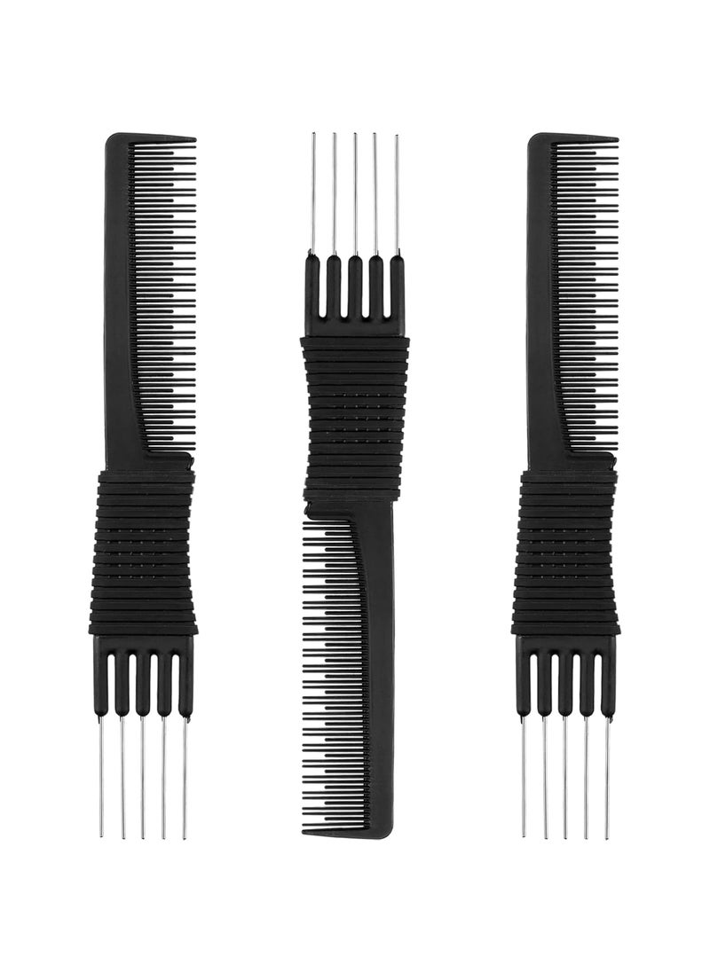 Leinuosen Leinuosen 3 Pack Carbon Lift Teasing Combs with Metal Prong Hair Pick Comb for Women Hair StylingBlack 