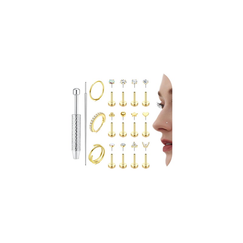 THUNARAZ 14K Gold Nose Rings Studs for Women Men Surgical Steel Threadless Push in Nose Piercings Flat Back Hypoallergenic Gold Nose Ring Hoop Stud Cartilage Tragus Conch Lip Helix Piercing Jewelry 18G 6MM - Image 1