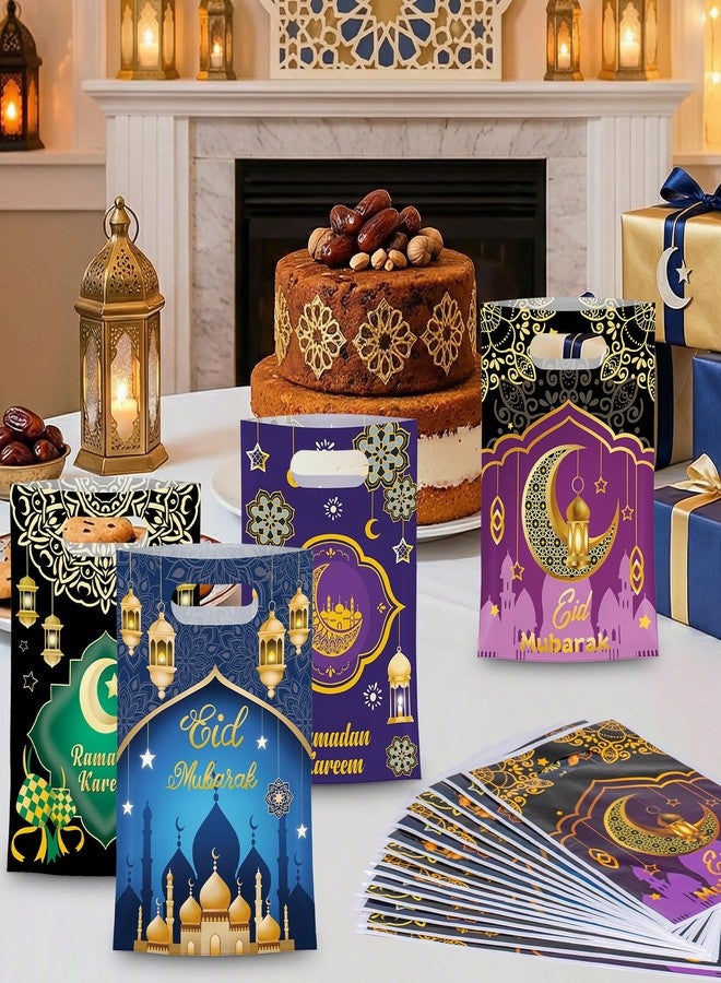 Litmitfu 50 Pcs Ramadan Gift Bags with Handles - Eid Mubarak Goodie Bag, Ramadan Kareem Plastic Goody Candy Cookie Snack Treat Party Favor Bags Bulk for Islamic Muslim Eid Mubarak Party Supplies Favors,4 Style - Image 2