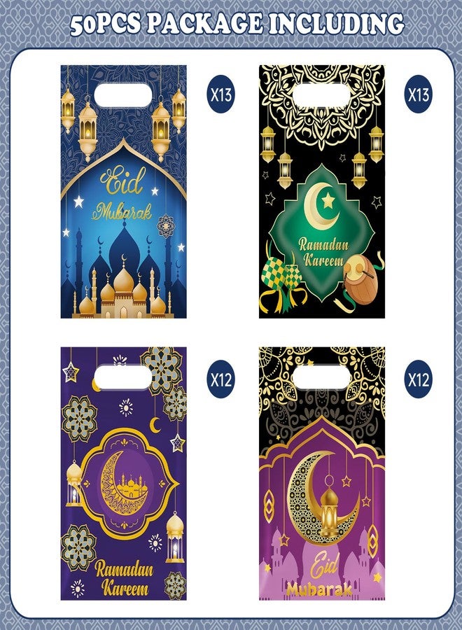 Litmitfu 50 Pcs Ramadan Gift Bags with Handles - Eid Mubarak Goodie Bag, Ramadan Kareem Plastic Goody Candy Cookie Snack Treat Party Favor Bags Bulk for Islamic Muslim Eid Mubarak Party Supplies Favors,4 Style - Image 3