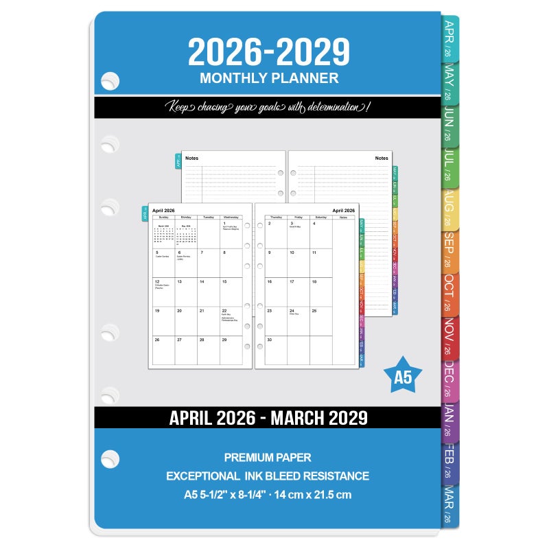 OMEYA 2026-2029 Monthly Planner Refills: 36 Months A5 Planner Inserts for 6-Ring Binder, 5.5" x 8.5", Runs from April 2026 to March 2029, 6-Hole Punched Inserts 2026-2029 with Tabs - Image 1