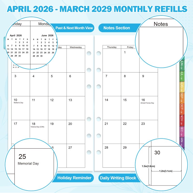 OMEYA 2026-2029 Monthly Planner Refills: 36 Months A5 Planner Inserts for 6-Ring Binder, 5.5" x 8.5", Runs from April 2026 to March 2029, 6-Hole Punched Inserts 2026-2029 with Tabs - Image 4