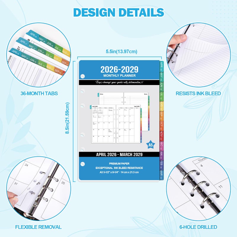 OMEYA 2026-2029 Monthly Planner Refills: 36 Months A5 Planner Inserts for 6-Ring Binder, 5.5" x 8.5", Runs from April 2026 to March 2029, 6-Hole Punched Inserts 2026-2029 with Tabs - Image 3