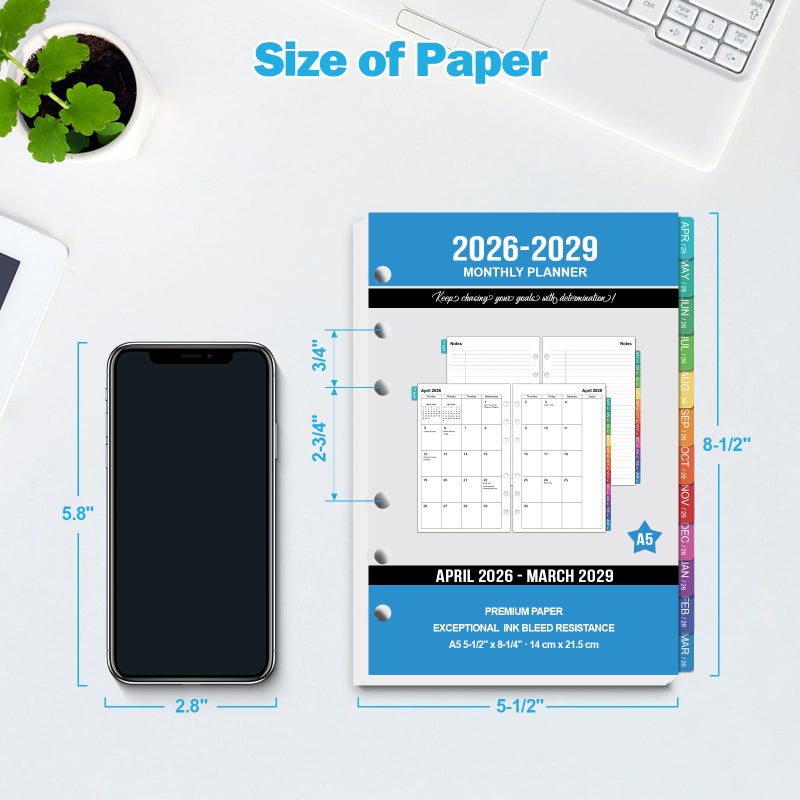 OMEYA 2026-2029 Monthly Planner Refills: 36 Months A5 Planner Inserts for 6-Ring Binder, 5.5" x 8.5", Runs from April 2026 to March 2029, 6-Hole Punched Inserts 2026-2029 with Tabs - Image 2