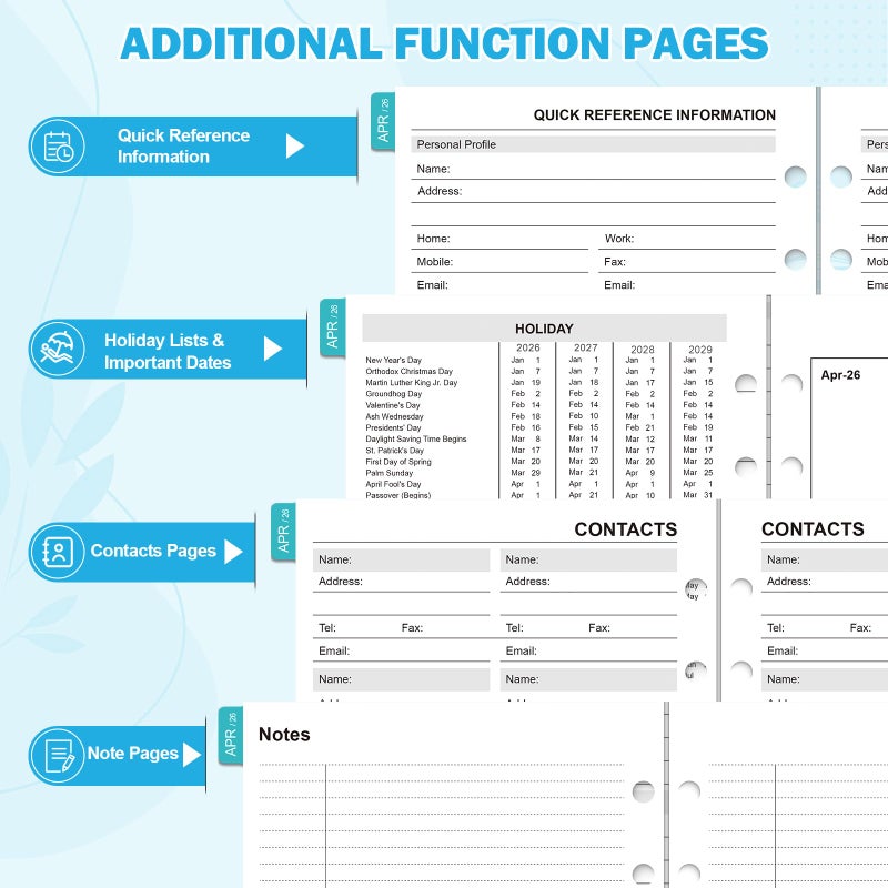 OMEYA 2026-2029 Monthly Planner Refills: 36 Months A5 Planner Inserts for 6-Ring Binder, 5.5" x 8.5", Runs from April 2026 to March 2029, 6-Hole Punched Inserts 2026-2029 with Tabs - Image 5